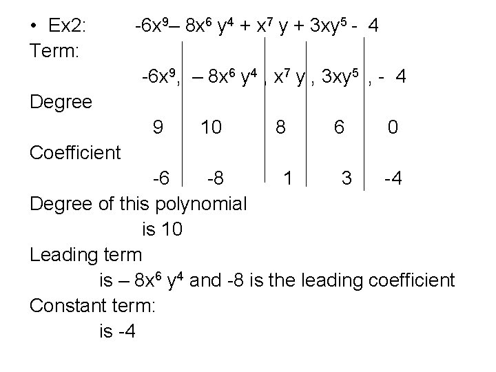  • Ex 2: Term: -6 x 9– 8 x 6 y 4 +