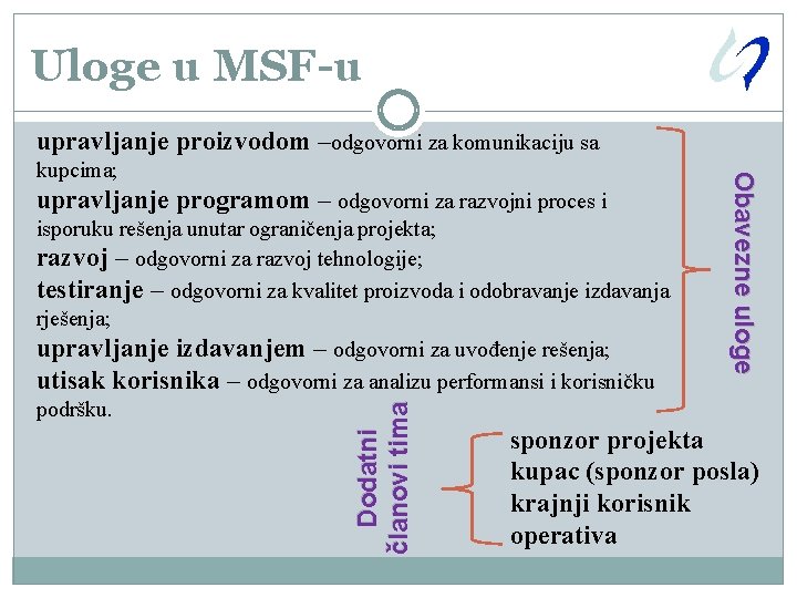 Uloge u MSF-u upravljanje proizvodom –odgovorni za komunikaciju sa upravljanje programom – odgovorni za
