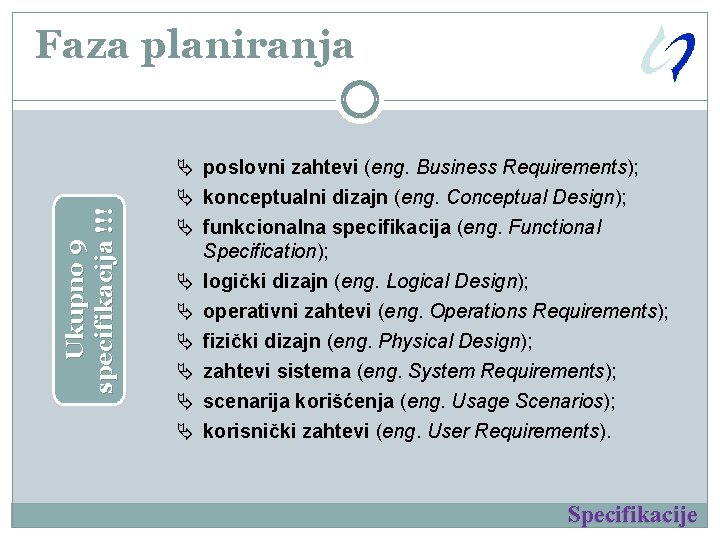 Ukupno 9 specifikacija !!! Faza planiranja Ä poslovni zahtevi (eng. Business Requirements); Ä konceptualni