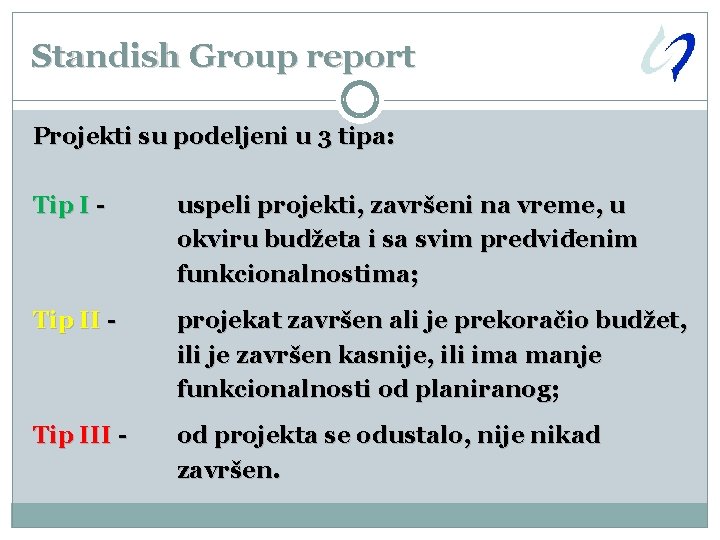 Standish Group report Projekti su podeljeni u 3 tipa: Tip I - uspeli projekti,
