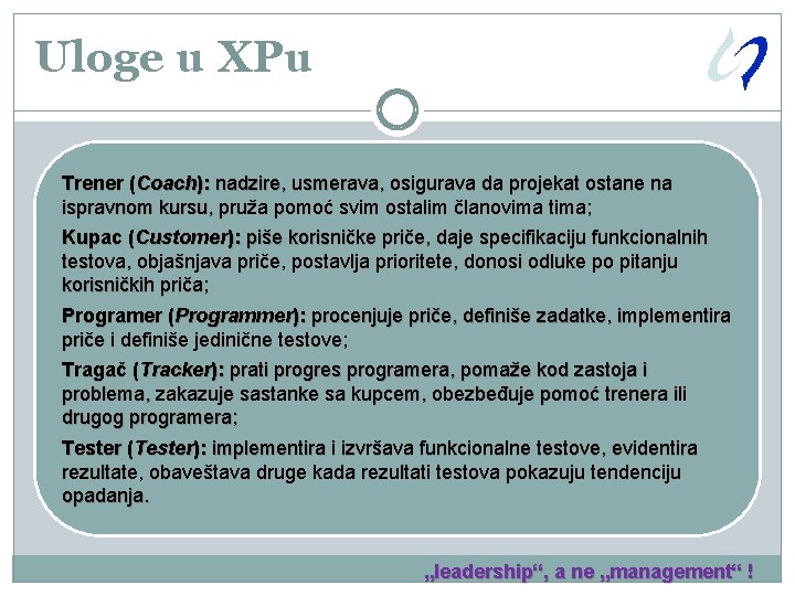 Uloge u XPu Trener (Coach): nadzire, usmerava, osigurava da projekat ostane na ispravnom kursu,