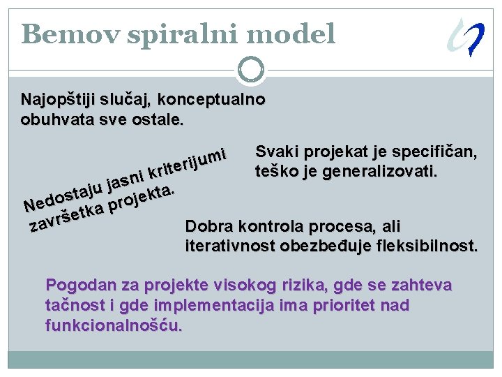 Bemov spiralni model Najopštiji slučaj, konceptualno obuhvata sve ostale. Svaki projekat je specifičan, i