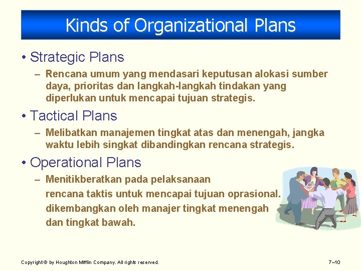 Kinds of Organizational Plans • Strategic Plans – Rencana umum yang mendasari keputusan alokasi