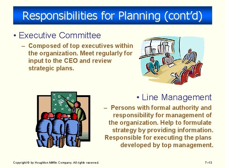 Responsibilities for Planning (cont’d) • Executive Committee – Composed of top executives within the