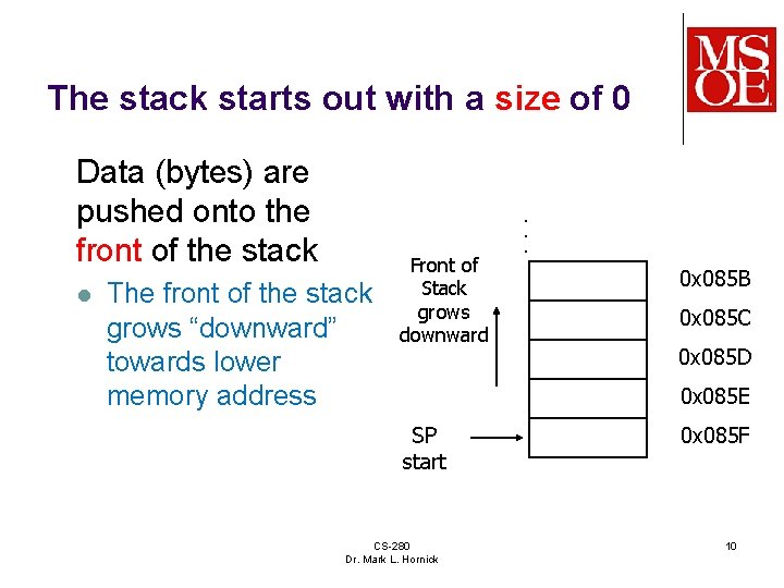 The stack starts out with a size of 0 Data (bytes) are pushed onto The stack starts out with a size of 0 Data (bytes) are pushed onto
