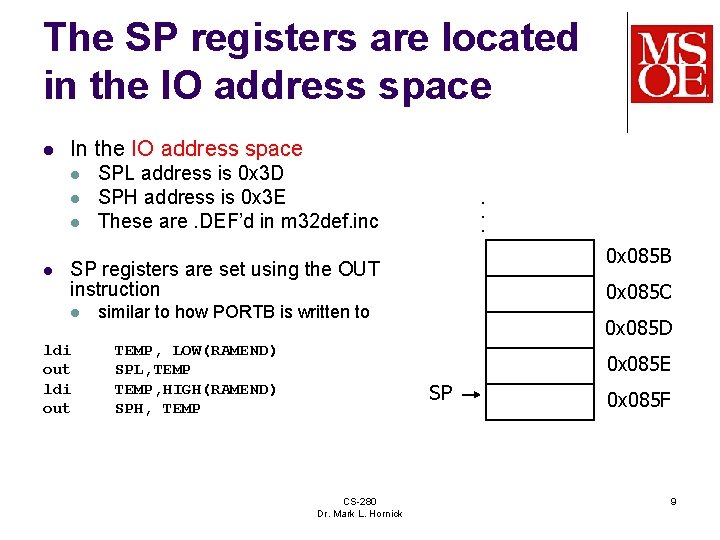 The SP registers are located in the IO address space l In the IO The SP registers are located in the IO address space l In the IO