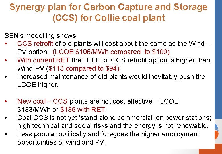 Synergy plan for Carbon Capture and Storage (CCS) for Collie coal plant SEN’s modelling