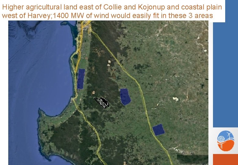 Higher agricultural land east of Collie and Kojonup and coastal plain west of Harvey;