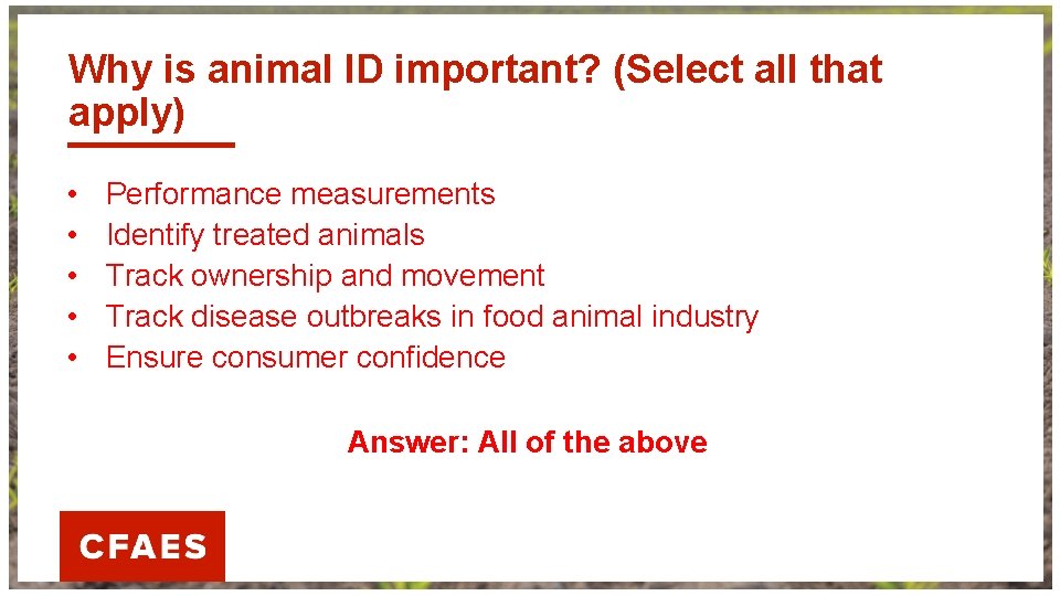 Why is animal ID important? (Select all that apply) • • • Performance measurements