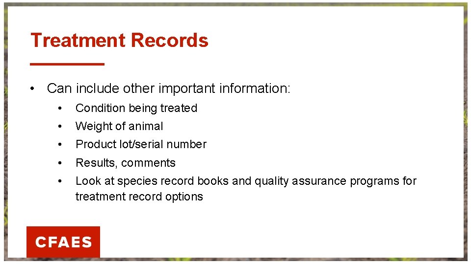 Treatment Records • Can include other important information: • Condition being treated • Weight