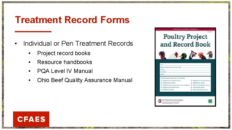 Treatment Record Forms • Individual or Pen Treatment Records • Project record books •
