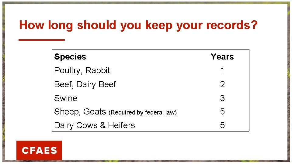 How long should you keep your records? Species Years Poultry, Rabbit 1 Beef, Dairy