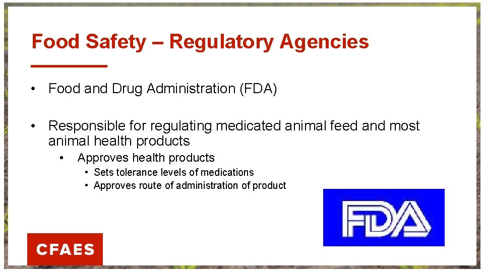 Food Safety – Regulatory Agencies • Food and Drug Administration (FDA) • Responsible for