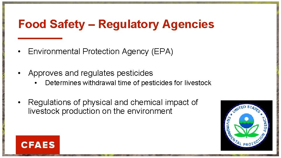 Food Safety – Regulatory Agencies • Environmental Protection Agency (EPA) • Approves and regulates