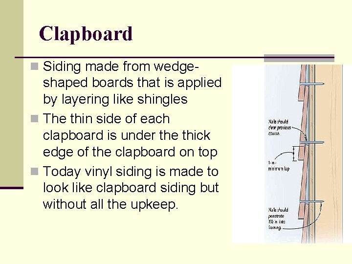 Clapboard n Siding made from wedge- shaped boards that is applied by layering like