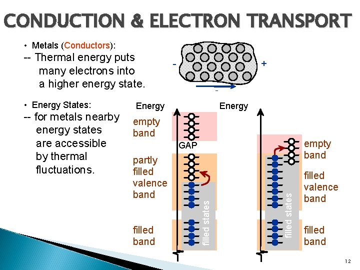 CONDUCTION & ELECTRON TRANSPORT • Metals (Conductors): -- Thermal energy puts many electrons into