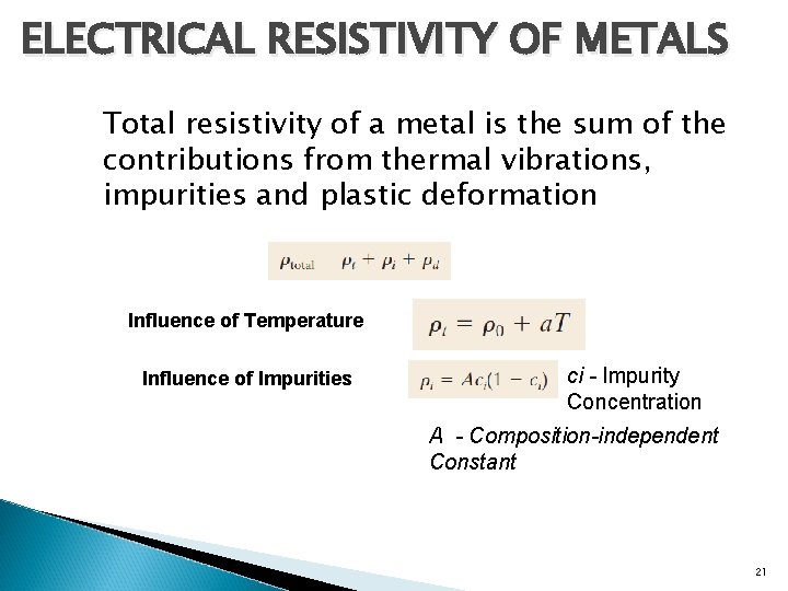 ELECTRICAL RESISTIVITY OF METALS Total resistivity of a metal is the sum of the