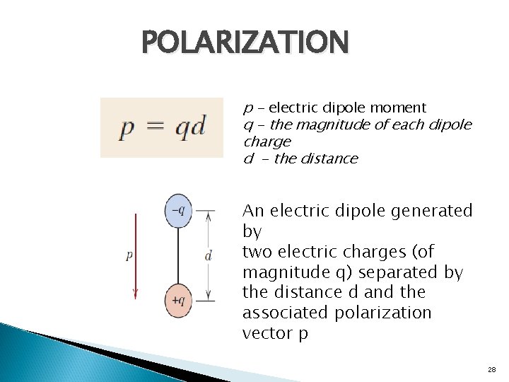 POLARIZATION p - electric dipole moment q - the magnitude of each dipole charge