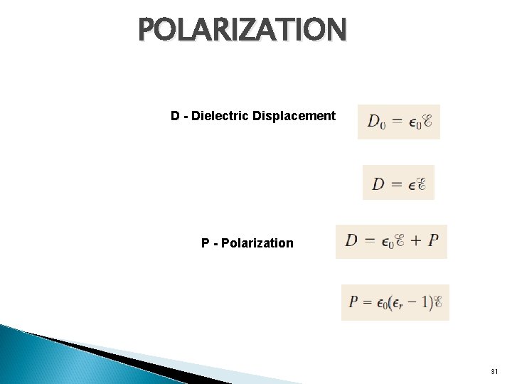 POLARIZATION D - Dielectric Displacement P - Polarization 31 