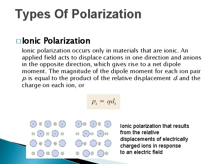 Types Of Polarization � Ionic Polarization Ionic polarization occurs only in materials that are