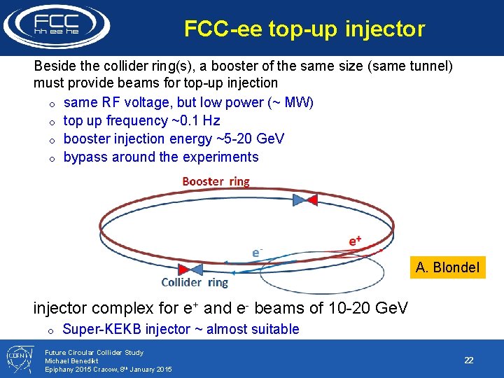 FCC-ee top-up injector Beside the collider ring(s), a booster of the same size (same