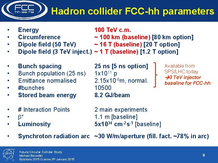 Hadron collider FCC-hh parameters • • Energy Circumference Dipole field (50 Te. V) Dipole