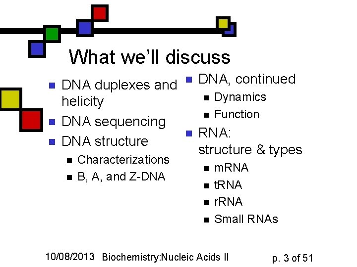 What we’ll discuss n n n DNA duplexes and helicity DNA sequencing DNA structure