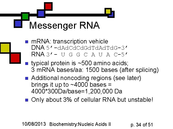 Messenger RNA n n m. RNA: transcription vehicle DNA 5’-d. Ad. Cd. Gd. Td.