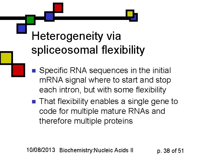 Heterogeneity via spliceosomal flexibility n n Specific RNA sequences in the initial m. RNA