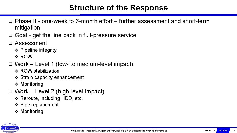Structure of the Response Phase II - one-week to 6 -month effort – further
