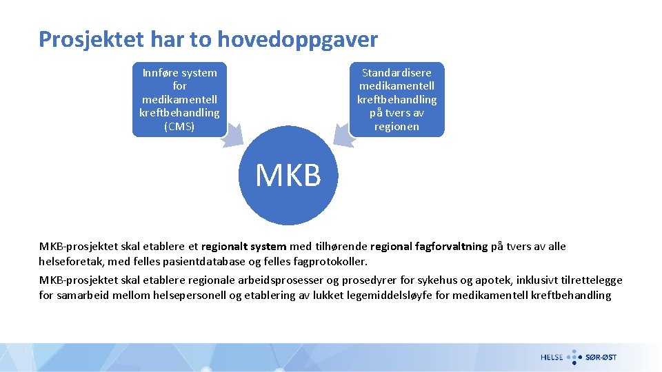 Prosjektet har to hovedoppgaver Innføre system for medikamentell kreftbehandling (CMS) Standardisere medikamentell kreftbehandling på