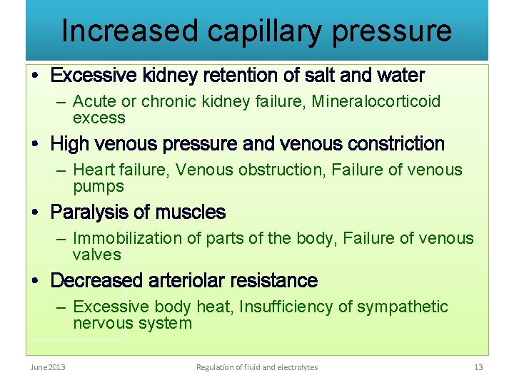 Increased capillary pressure • Excessive kidney retention of salt and water – Acute or