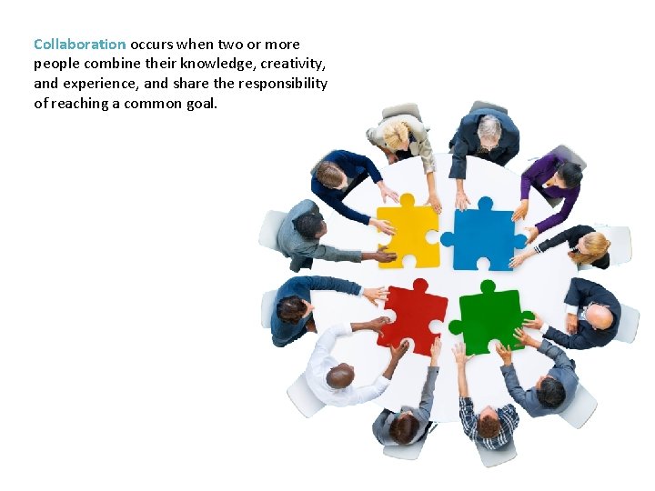 Collaboration occurs when two or more people combine their knowledge, creativity, and experience, and