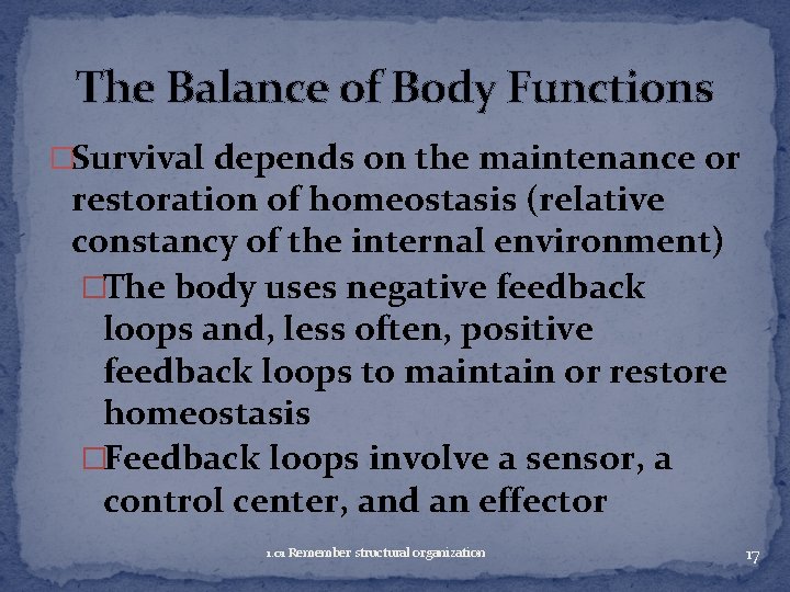 The Balance of Body Functions �Survival depends on the maintenance or restoration of homeostasis