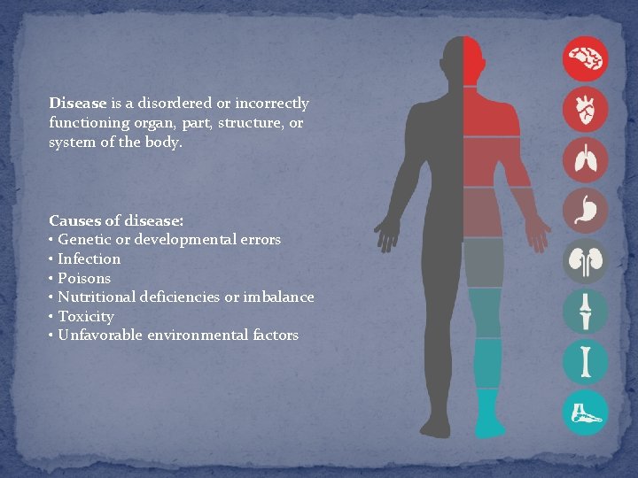 Disease is a disordered or incorrectly functioning organ, part, structure, or system of the