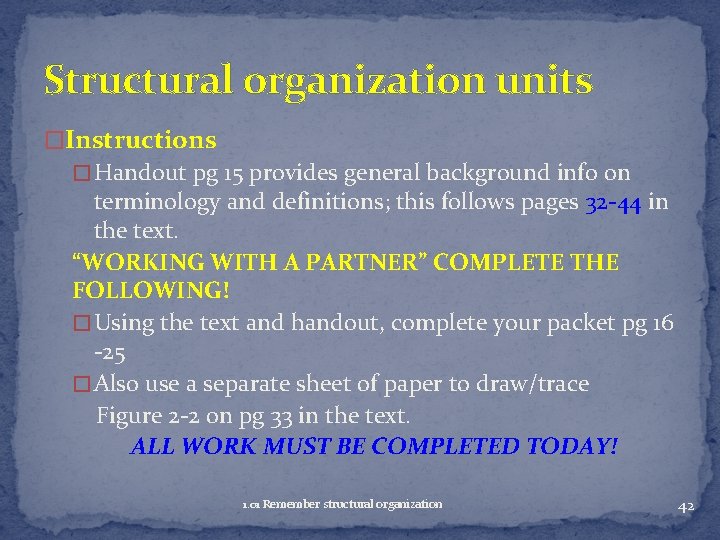Structural organization units �Instructions � Handout pg 15 provides general background info on terminology