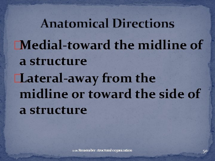 Anatomical Directions �Medial-toward the midline of a structure �Lateral-away from the midline or toward