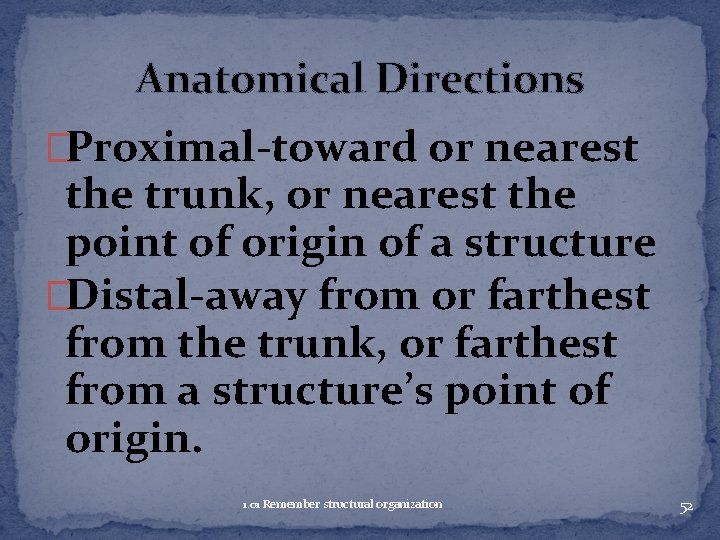 Anatomical Directions �Proximal-toward or nearest the trunk, or nearest the point of origin of