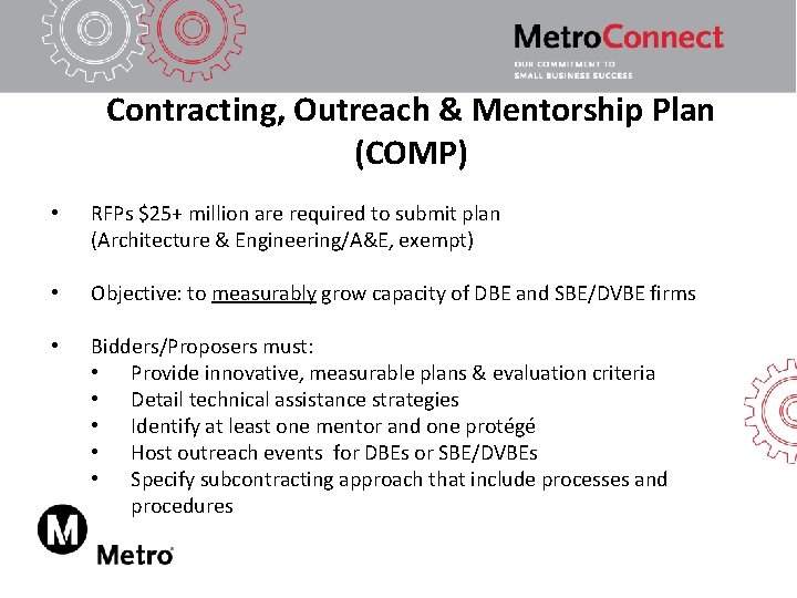 Contracting, Outreach & Mentorship Plan (COMP) • RFPs $25+ million are required to submit