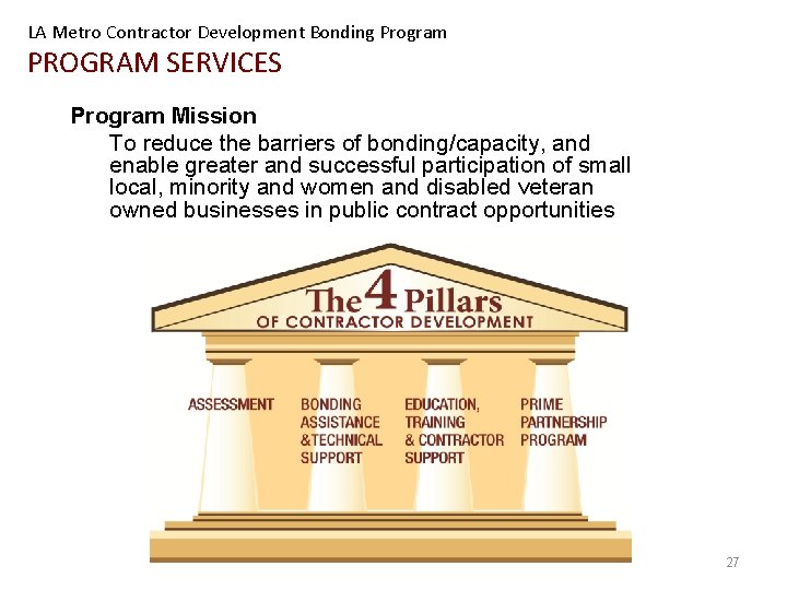 LA Metro Contractor Development Bonding Program PROGRAM SERVICES Program Mission To reduce the barriers
