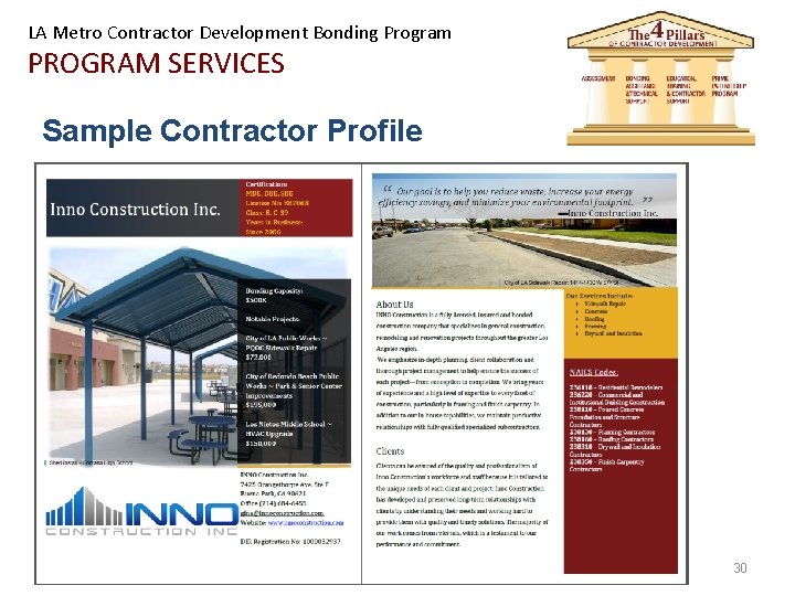 LA Metro Contractor Development Bonding Program PROGRAM SERVICES Sample Contractor Profile 30 