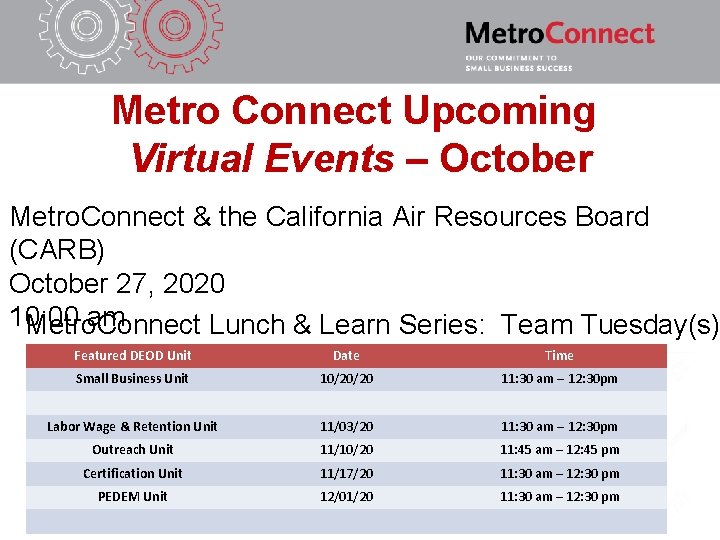 Metro Connect Upcoming Virtual Events – October Metro. Connect & the California Air Resources