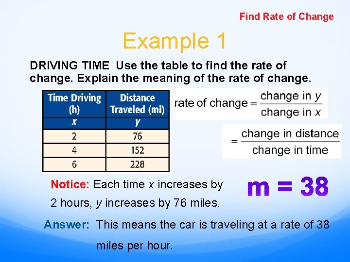 Find Rate of Change Example 1 DRIVING TIME Use the table to find the