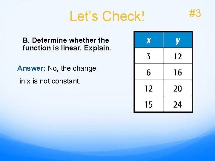 Let’s Check! B. Determine whether the function is linear. Explain. Answer: No, the change