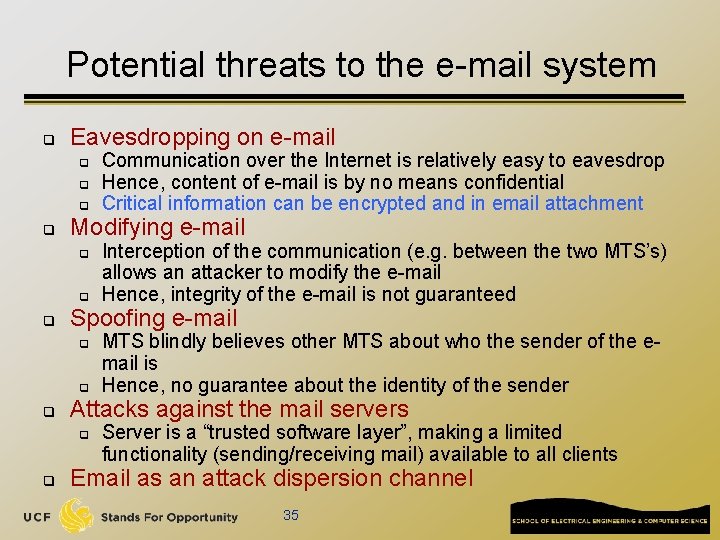 Potential threats to the e-mail system q Eavesdropping on e-mail q q Modifying e-mail