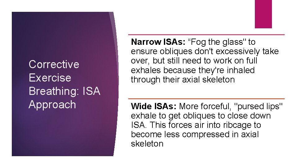 Corrective Exercise Breathing: ISA Approach Narrow ISAs: “Fog the glass" to ensure obliques don't