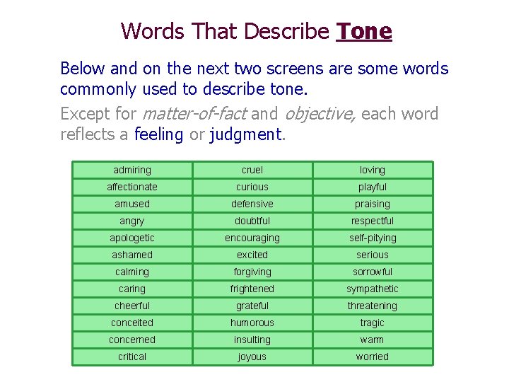 Words That Describe Tone Below and on the next two screens are some words