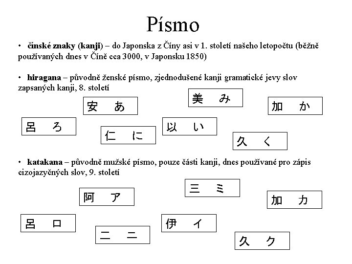 Písmo • 　čínské znaky (kanji) – do Japonska z Číny asi v 1. století