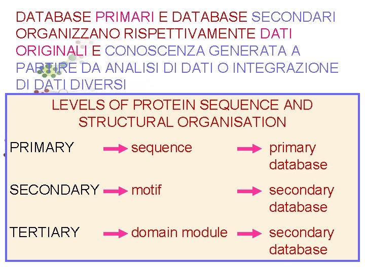 DATABASE PRIMARI E DATABASE SECONDARI ORGANIZZANO RISPETTIVAMENTE DATI ORIGINALI E CONOSCENZA GENERATA A PARTIRE