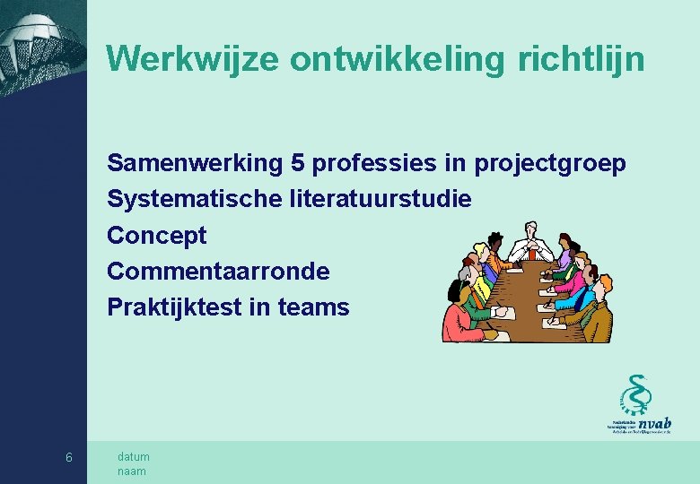 Werkwijze ontwikkeling richtlijn Samenwerking 5 professies in projectgroep Systematische literatuurstudie Concept Commentaarronde Praktijktest in